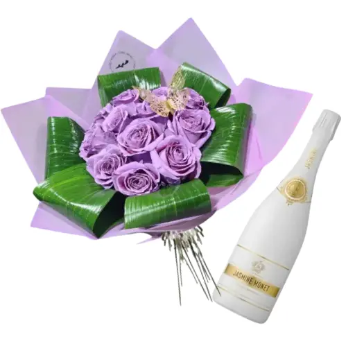 Ramo de 12 rosas lavanda con jasmine white blanc